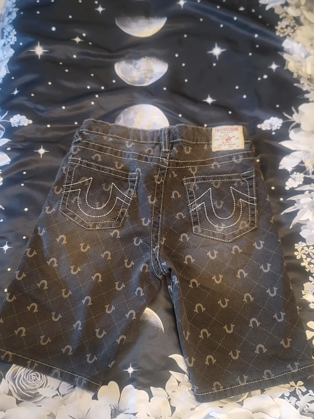 True Religion Black Denim Shorts with Gray Logo Print Size 16 Boys